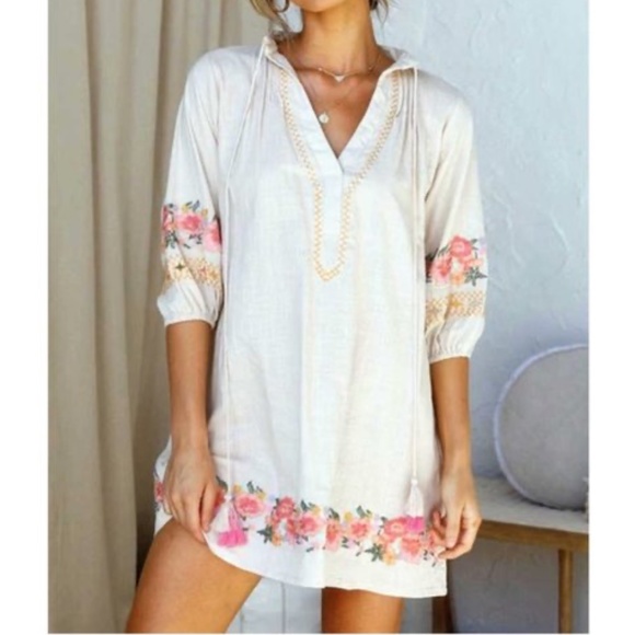 028 Embroidered Floral Puff Sleeve Boho Dress - Picture 9 of 9
